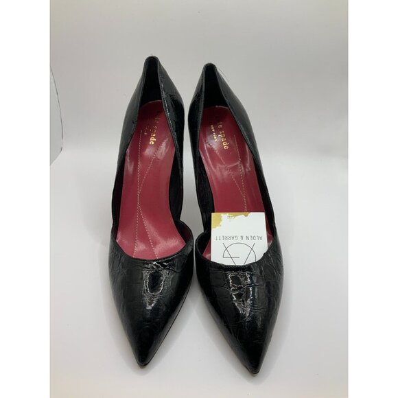 Kate Spade Black Alligator Textured Leather Camellia Pointed Toe Heels, Size 8 - Picture 2 of 9